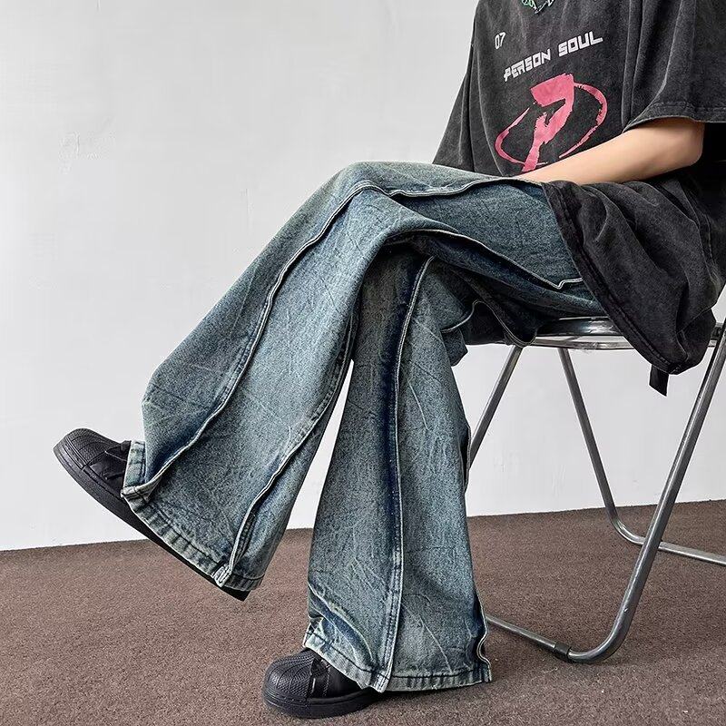 Wave jeans, heavy washed splicing design, high street slimming, versatile, loose casual trousers