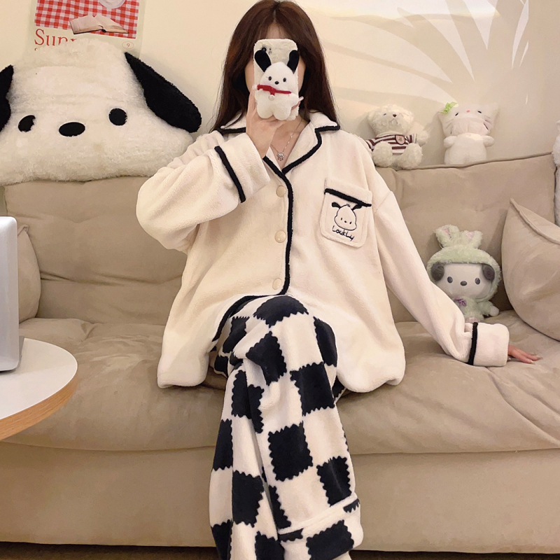 Winter flannel sweet lapel cardigan long-sleeved pajamas women's suit casual home wear