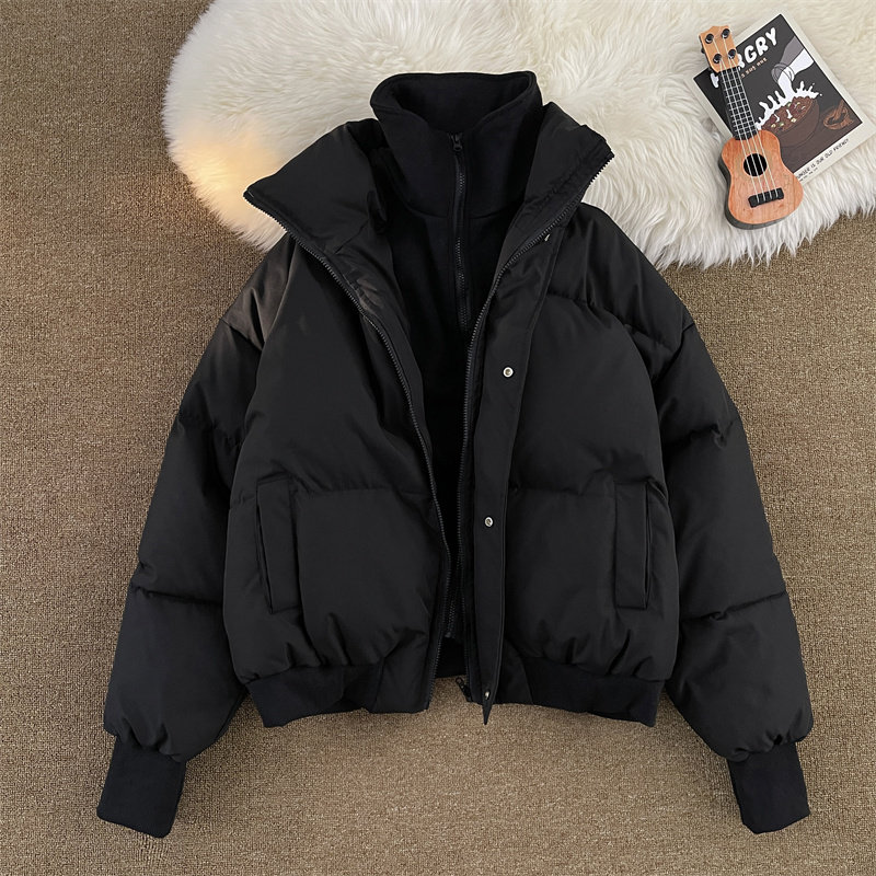 New winter style Hong Kong style Japanese trendy brand fake two-piece short warm stand-up collar cotton jacket trendy