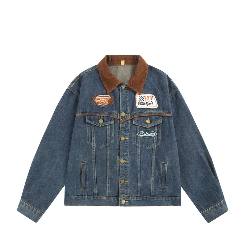 Autumn new American retro denim jacket men's motorcycle trendy brand lapel jacket loose top