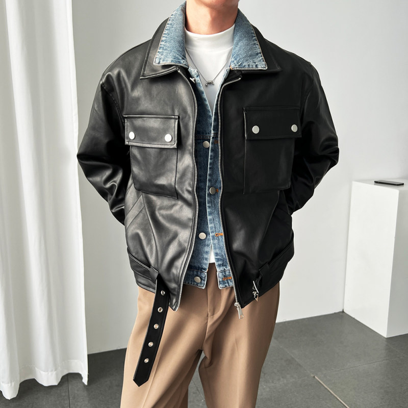 Autumn fake two-piece motorcycle leather jacket with denim splicing and velvet thickening, light and mature style
