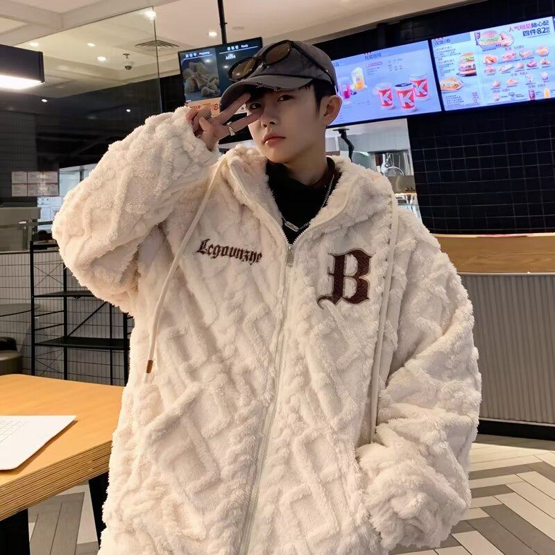 Sheep wool jacket men's winter high-end youth thickened warm loose hooded cotton coat