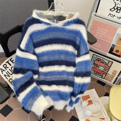 Contrast color striped patchwork hooded sweater for men with lazy and high-end feel