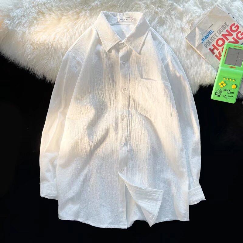 Autumn cotton and linen shirt men's long-sleeved ins Hong Kong style Japanese style casual versatile trend solid color loose linen top trendy