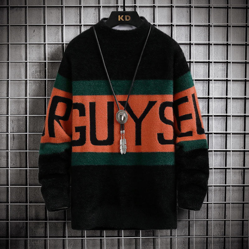 Autumn and winter new men's gradient color imitation mink sweater Korean style trendy round neck sweater handsome