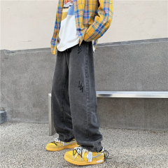 Spring jeans men's loose straight gray trousers Korean style Hong Kong style retro trend versatile wide leg pants