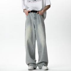 Jeans for men, summer thin straight leg, loose craft bamboo pattern trousers, washed and distressed trousers for men