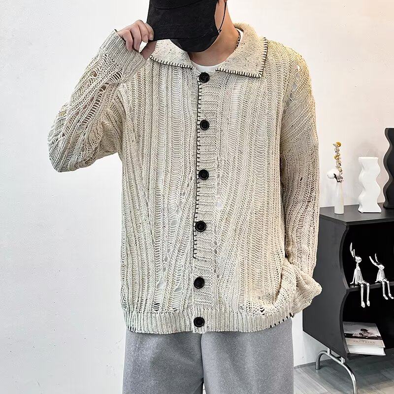 Autumn and winter lazy retro high-end hollow sweater cardigan versatile simple literary jacket for men and women