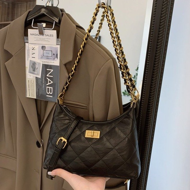 Retro rhombus small fragrant chain tote bag for women 2024 new commuter versatile armpit bag single shoulder crossbody bag