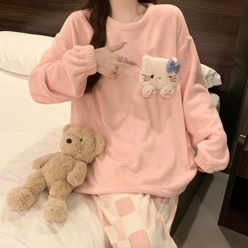 Flannel casual velvet suit women's pullover pajamas home clothes cartoon cute