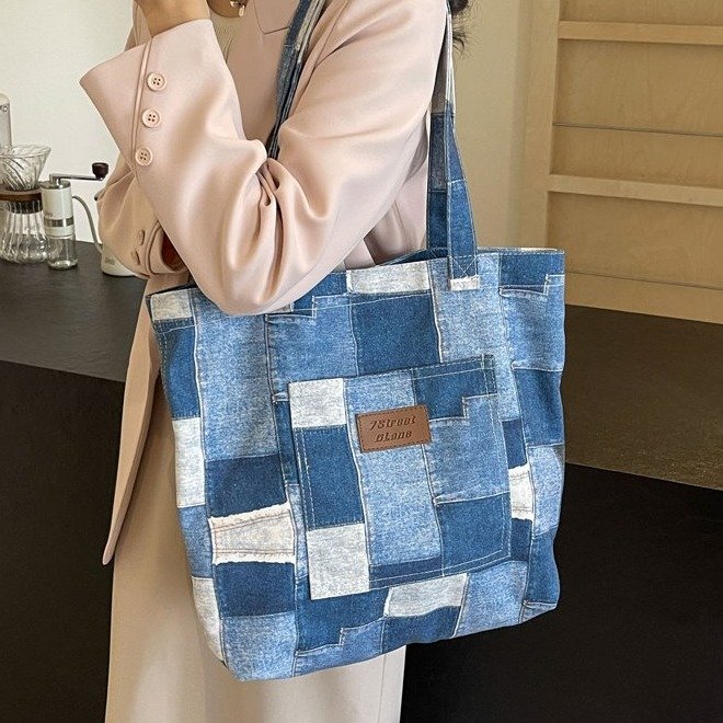 Cross-border 2024 Spring and Summer Imitation Denim Plaid Large Capacity Women's Shoulder Bag Retro Casual Tote Fashion Women's Bag