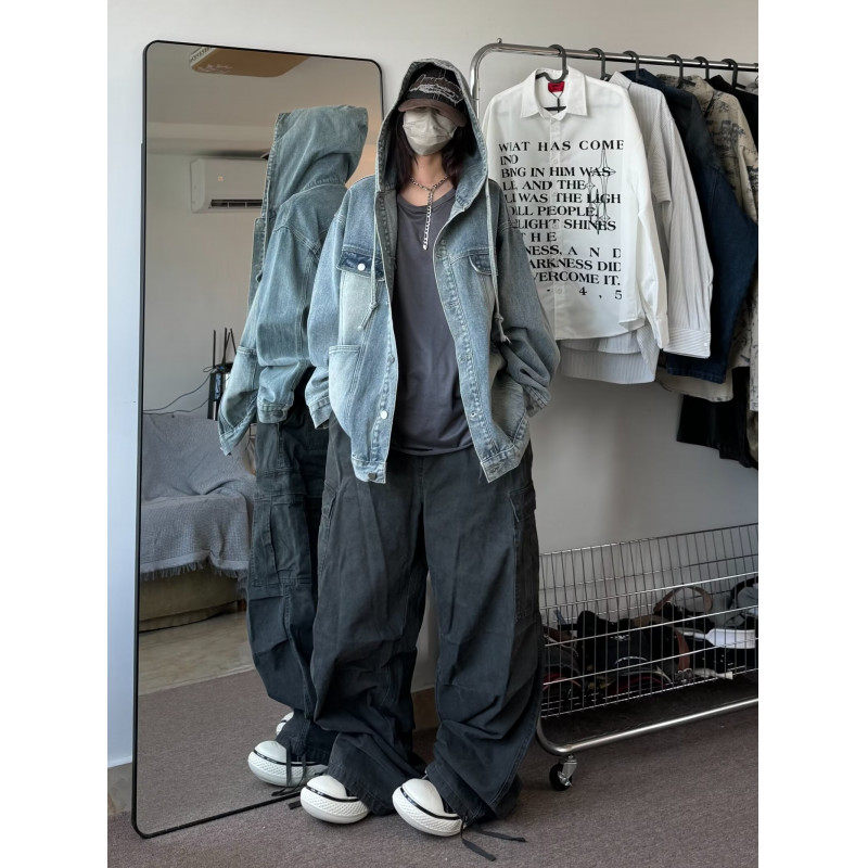 Fashionable loose washed denim hooded jacket for men new ins couple style versatile jacket top