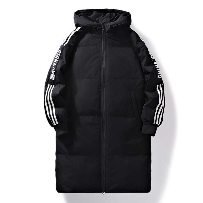 Winter long black down jacket for men, loose and thickened class uniform