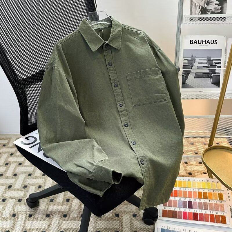 Japanese style Hong Kong style autumn and winter long-sleeved shirt loose solid color coat American work shirt