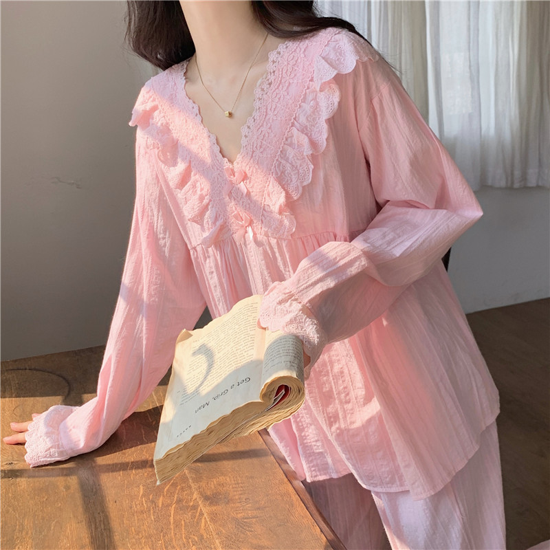 Sweet palace style cotton jacquard heavy lace outer wear loose comfortable suit home clothes suit