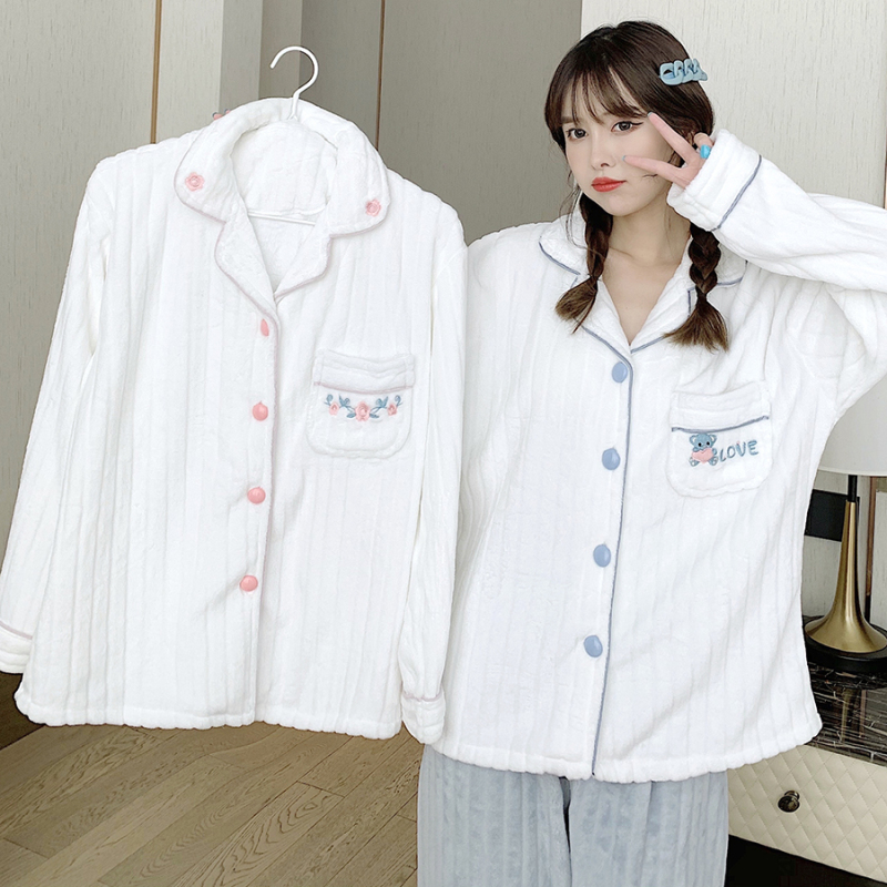 Flannel Pajamas Women's Winter Cut Vertical Velvet Lapel Cardigan Embroidered Small Fresh Can Be Weared Outside Home Clothes Set
