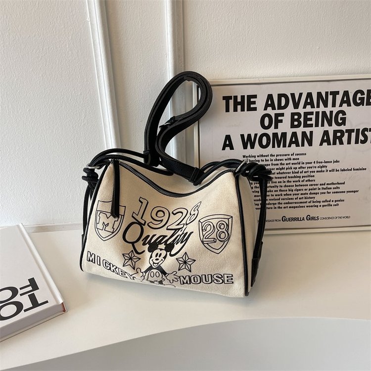 Large-capacity cartoon printed canvas bag women's bag summer new casual shoulder bag simple contrasting crossbody bag