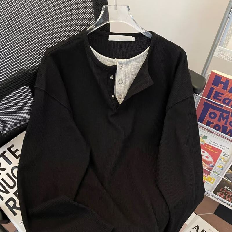 New fake two-piece long-sleeved T-shirts for men and women in autumn oversize loose casual bottoming tops
