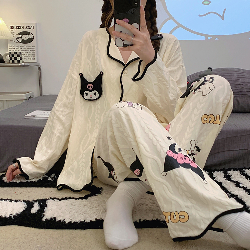 Pajamas Women's Jacquard Imitation Cotton Lapel Cardigan Korean Style Long Sleeve Sweet Home Clothes