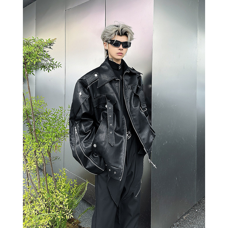 American High Street Decorative Zipper Lapel Leather Jacket Drop Shoulder Sleeve Chinese Long Sleeve Spring Autumn Winter