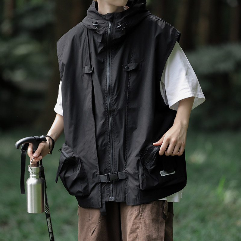 Autumn Men's Hooded Vest Jacket Workwear Webbing Sleeveless Waist Jacket Jacket