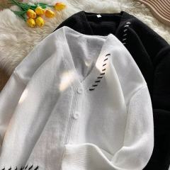 Hong Kong style autumn men's V-neck cardigan single-breasted casual sweater Korean style knitted topstitched jacket