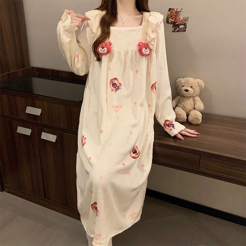 New winter flannel nightgown for women thickened cartoon sweet princess style home wear long skirt