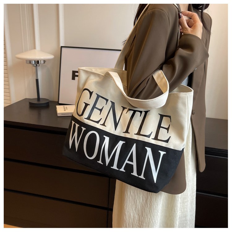 Korean style letter color matching casual style new large-capacity literary and artistic one-shoulder canvas tote bag women's bag trendy