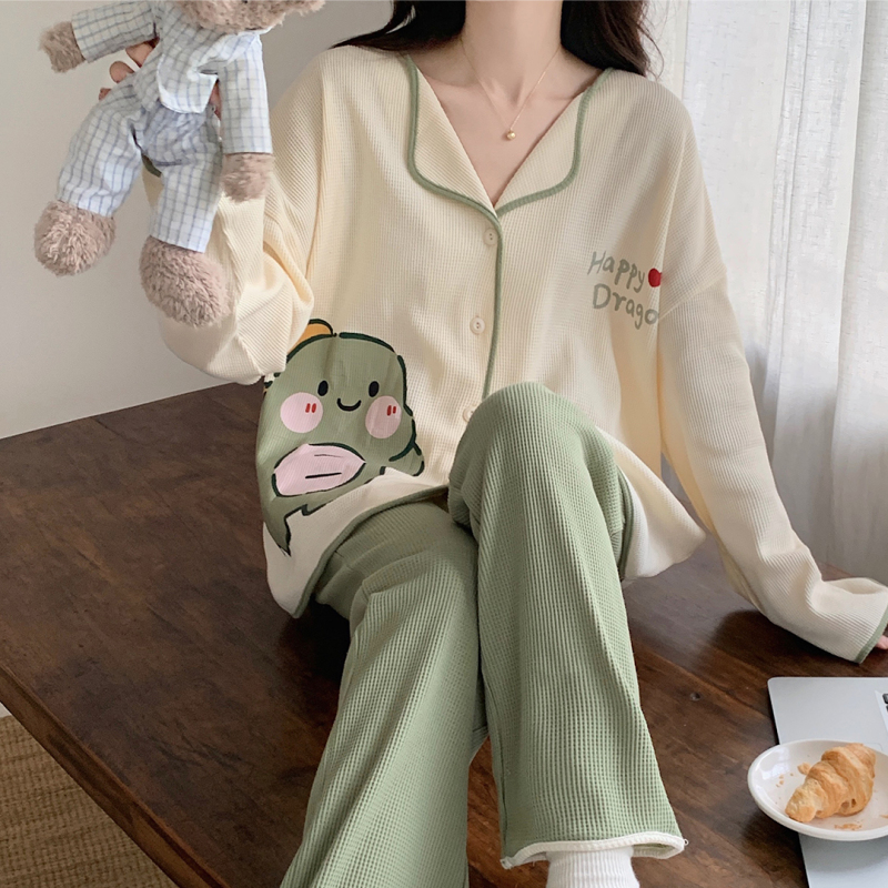 2024 Ladies Long Sleeve Cardigan Small Lapel Imitation Cotton Waffle Style Pajamas Casual