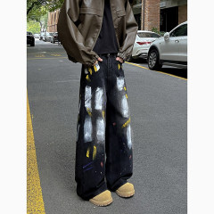 New graffiti jeans, old washed, splashed ink, loose wide leg pants, trendy brand