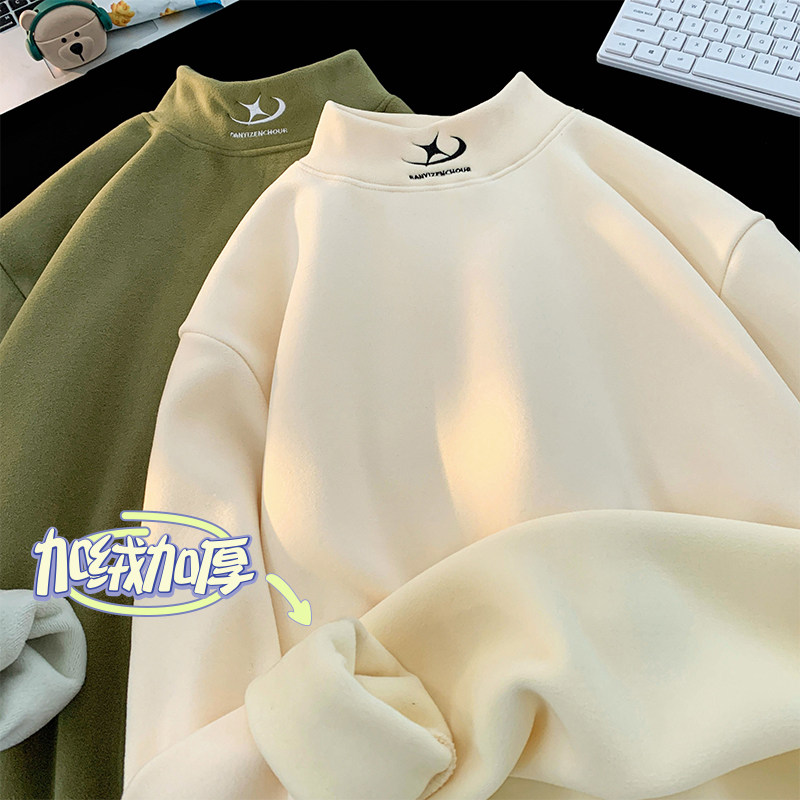 German Velvet Embroidery Posing New Winter Basement Half Turtle Collar Plus Velvet Sweatshirt