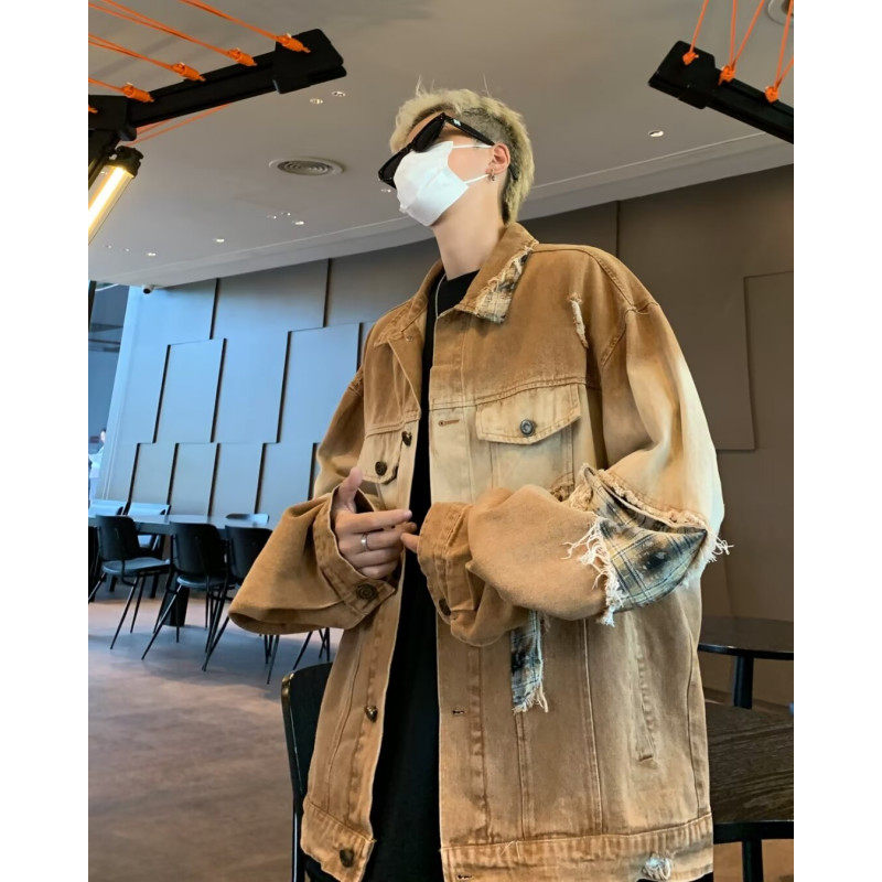 Trendy brand washed gradient plaid splicing denim jacket men's loose street contrasting color jacket