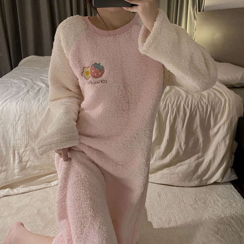 Pajamas for women in autumn and winter thickened rice velvet casual simple home wear nightgown long-sleeved pullover nightgown