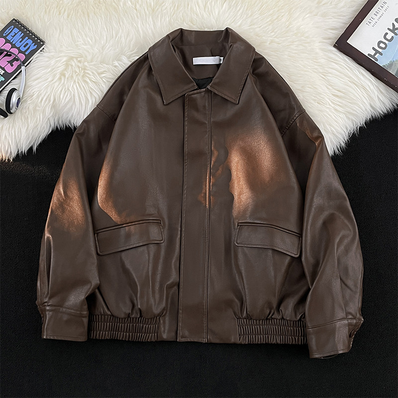 Autumn and winter new style Hong Kong style American handsome Camera leather quilted cotton lapel leather jacket for men