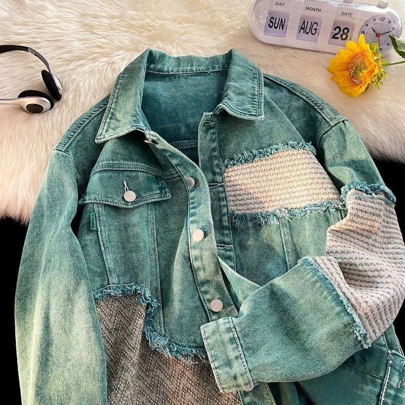 Trendy hole-stitched denim jacket for men and women in autumn Hong Kong style chic lazy style loose jacket top