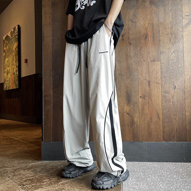 American overalls high street patchwork striped loose straight wide leg men's hiphop sweatpants