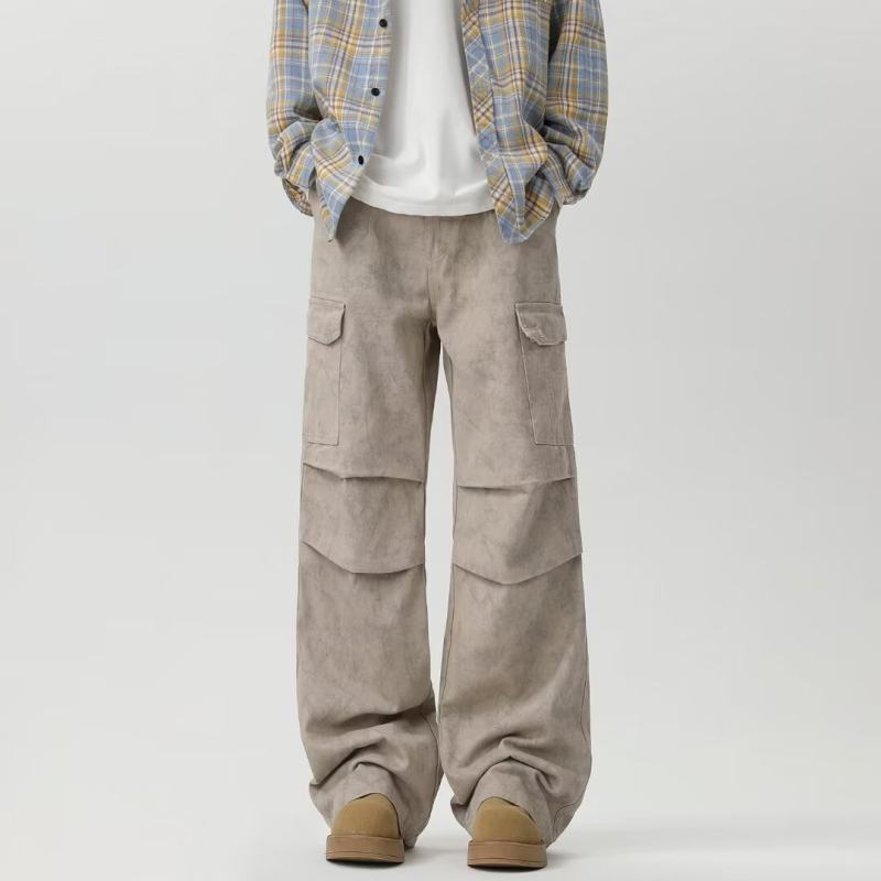 American retro summer new style pocket straight wide leg overalls men's loose paratrooper pants casual