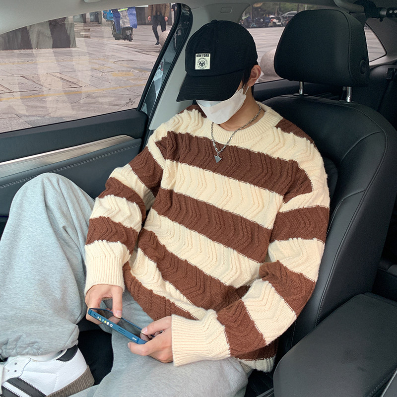 Autumn and winter trendy brand loose couple casual sweater retro twist color block striped round neck sweater