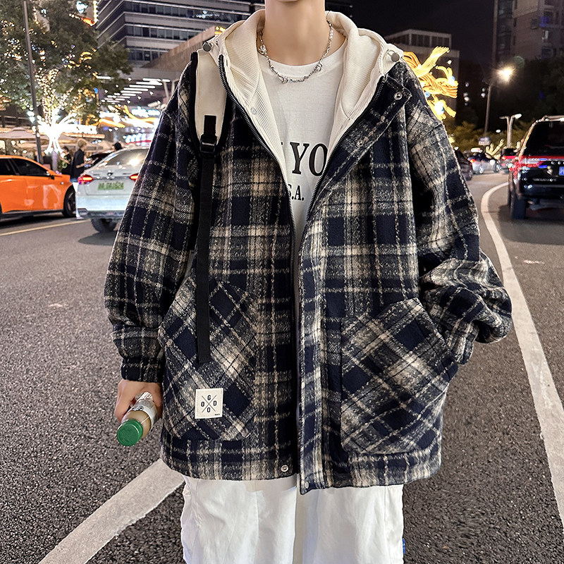 Hong Kong style woolen sweater hooded plaid casual jacket fashionable simple youth jacket