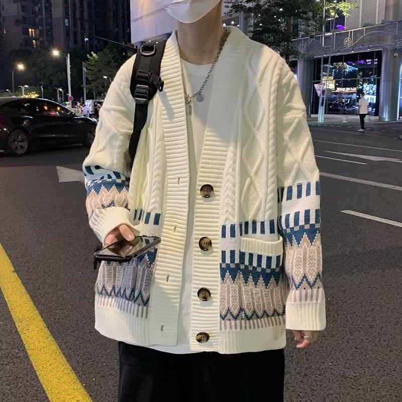 Contrast color sweater jacquard sweater jacket men's cardigan lazy style versatile loose top