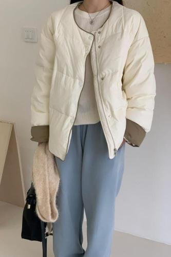 Down jacket for women 2024 winter Korean version contrasting color round neck small man jacket simple loose light warm jacket