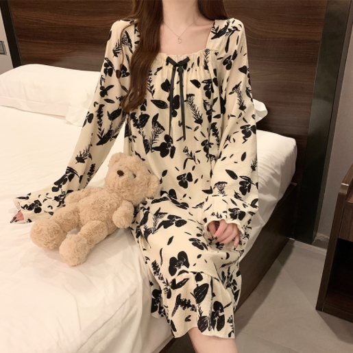 Women's all-in-one pajamas with built-in breast pads, spring and autumn Korean style princess style nightgown