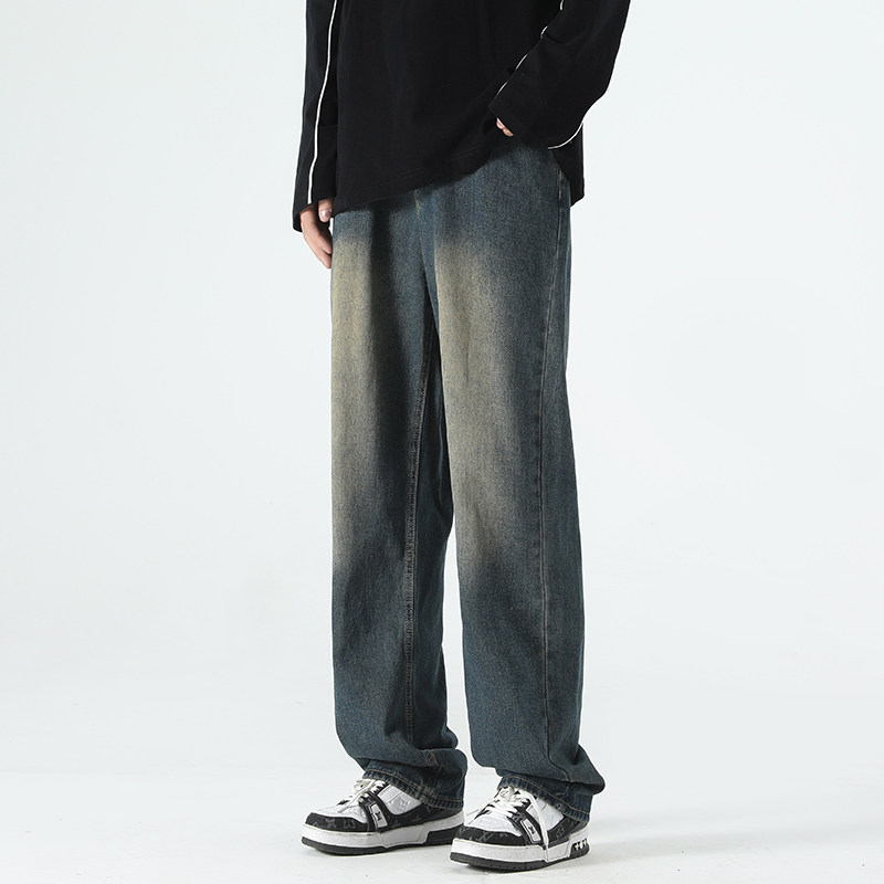 American retro blue jeans men's autumn and winter fashion brand ins loose wide-leg straight pants washed distressed pants