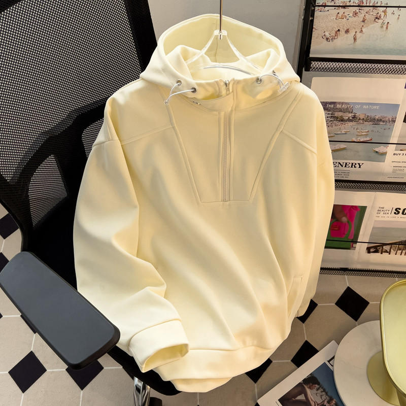 Autumn and winter trendy brand hooded sweatshirt men's American high street design niche half-zip top