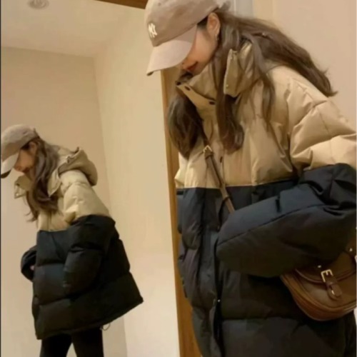 Korean style small contrast color bread coat and cotton coat for women in winter, lazy style, loose design, hooded down jacket