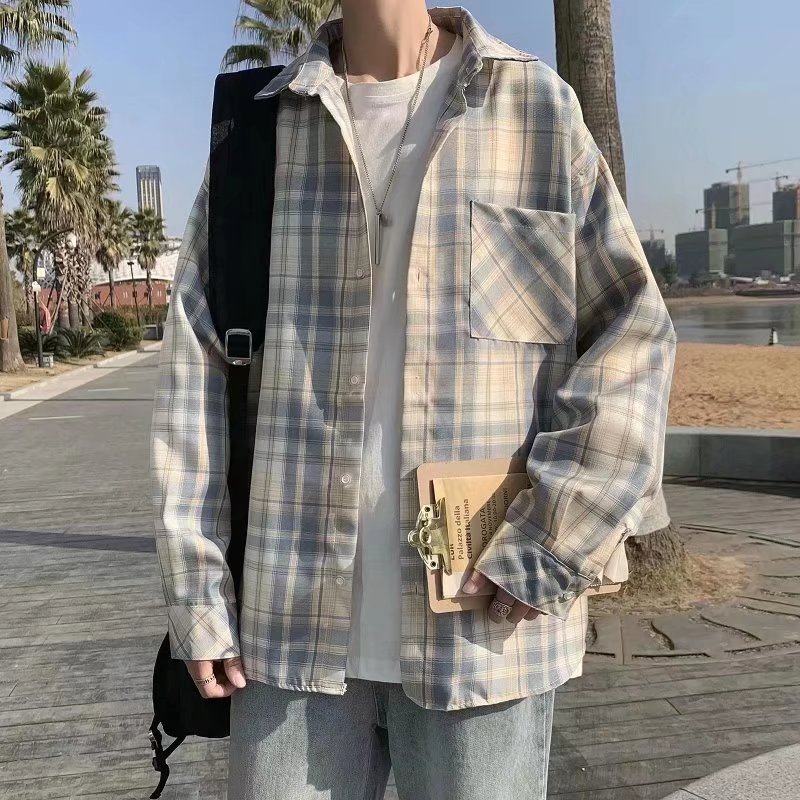 Plaid long-sleeved shirt men's lazy style trendy handsome large size loose ins student shirt jacket