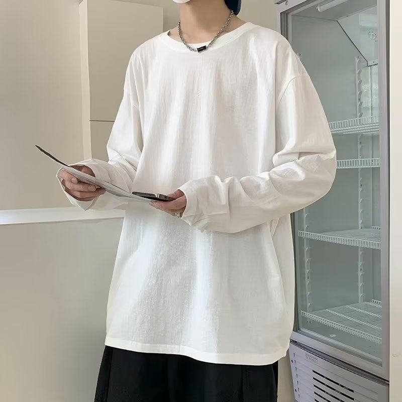 Long-sleeved T-shirt men's solid color round neck youth Hong Kong style bottoming shirt pure cotton long-sleeved large size