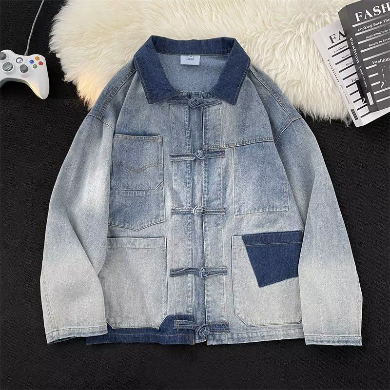 Chinese style autumn men's denim jacket gradient color new Chinese style disc button jacket