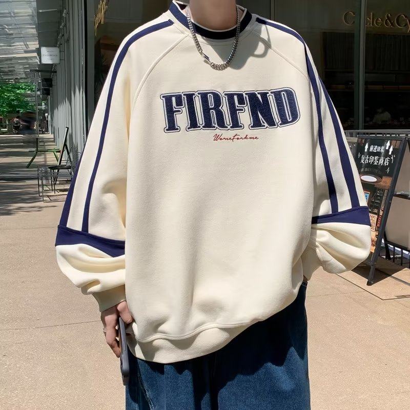 American autumn college style round neck sweatshirt for men, loose and casual, contrasting color letter embroidery pullover top, trendy