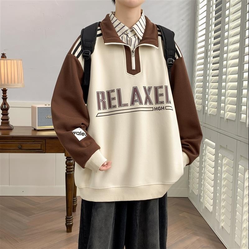 Autumn pullover sweatshirt for teenage boys and girls trendy brand loose half-zip jacket American style